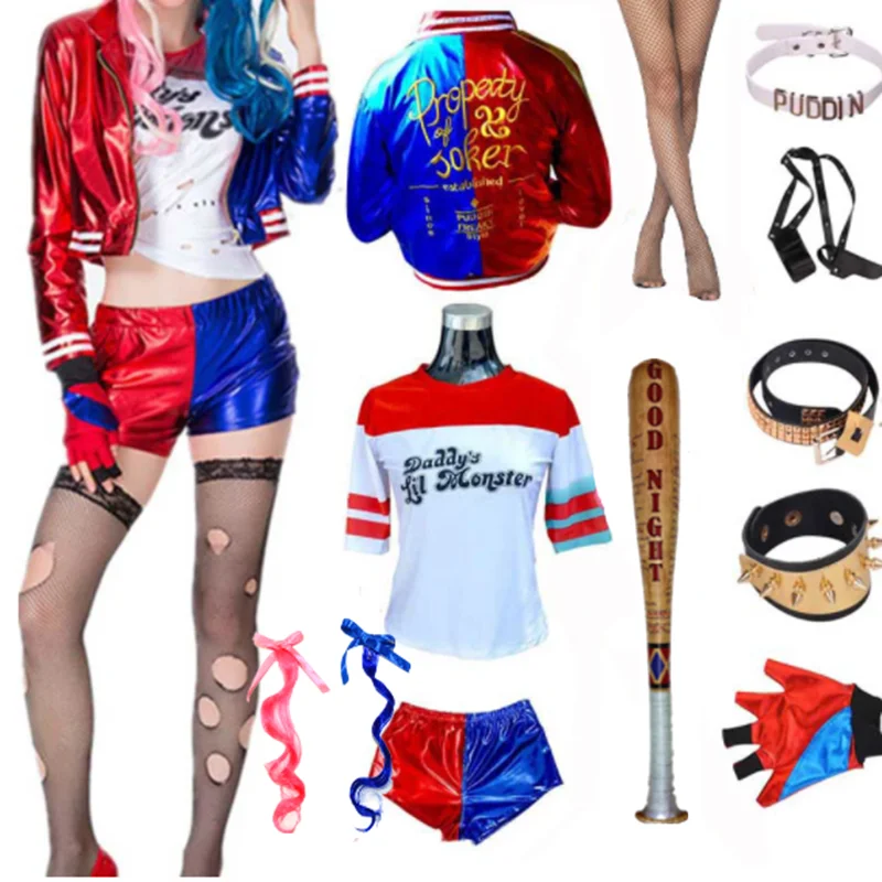 Halloween adulto Harley Quinn Costume Cosplay Quinn Squad Harley Monster  t-shirt giacca giacca pantaloni accessori Set completo