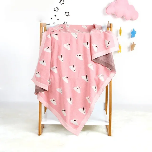 Cute Rabbit Print Knitted Baby Blanket 100*80cm Multi Use Soft Swaddle Wrap Stroller Cover or Play Mat for Newborns 5