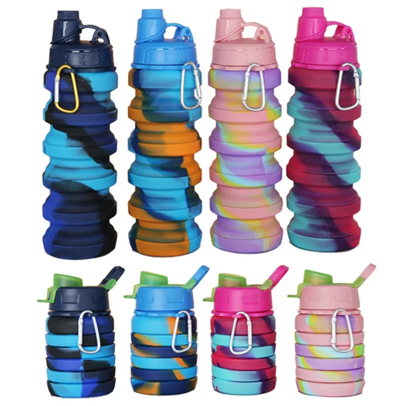 Outdoor Sports Silicone Foldable Water Bottle Camouflage Creative Travel Reusable Leakproof Water Bottle Carabiner water bottle sports water bottle sports bottle