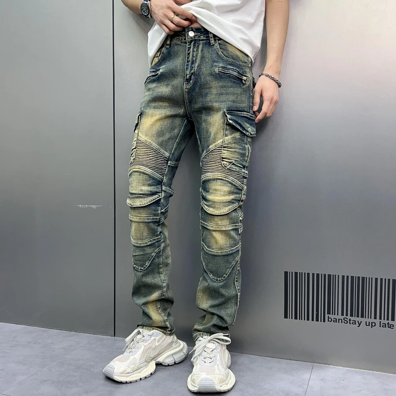 Retro Biker's Jeans Men's Stitching Ruffle Design Street Vintage Fashion Trendy Slim Fit Stretch Skinny Trousers