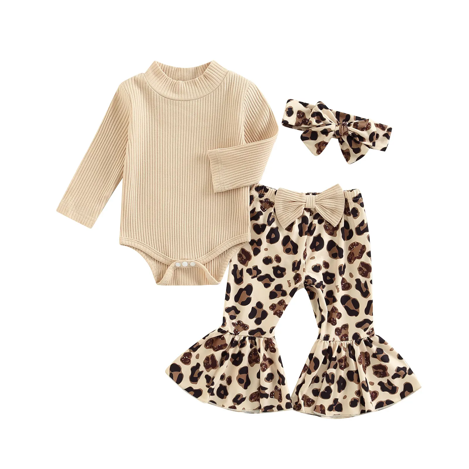 InfantBabyGirlsPantsSetLongSleeveRomperLeopardPrintBowknot