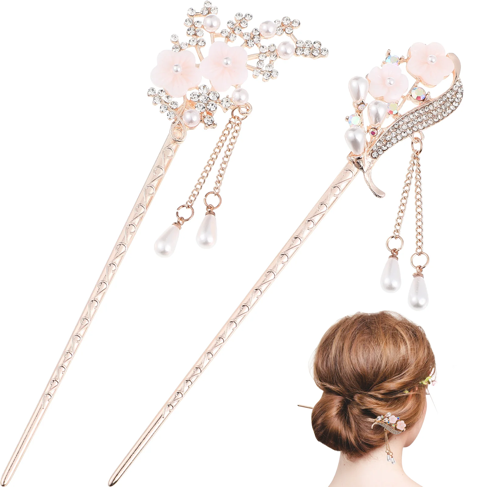 

2 Pcs Rhinestones Beads Flowers Hair Sticks Chinese Style Hair Chopsticks Vintage Tassels Hair Styling Accessories