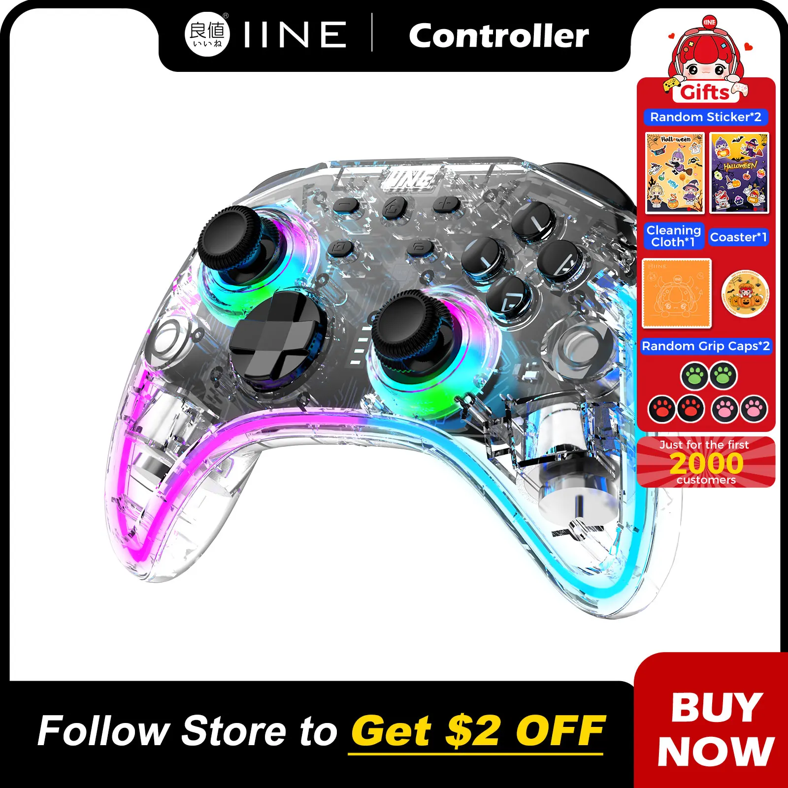 IINE Ares Transparent Wireless Controller with Headset Jack RGB Light  compatible Nintendo Switch Steam