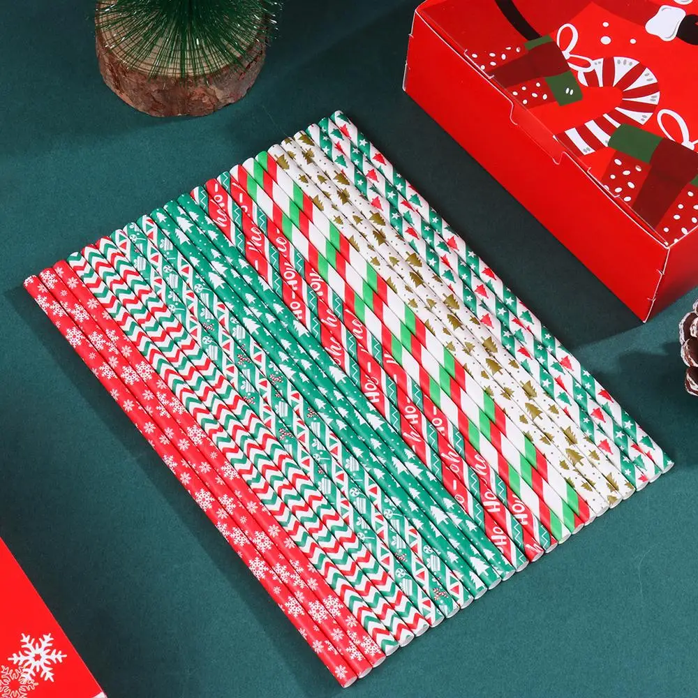 25Pcs New Table Decor Party Supplies Christmas Decorations Snowflake Drinking Straw Christmas Paper Straws Disposable