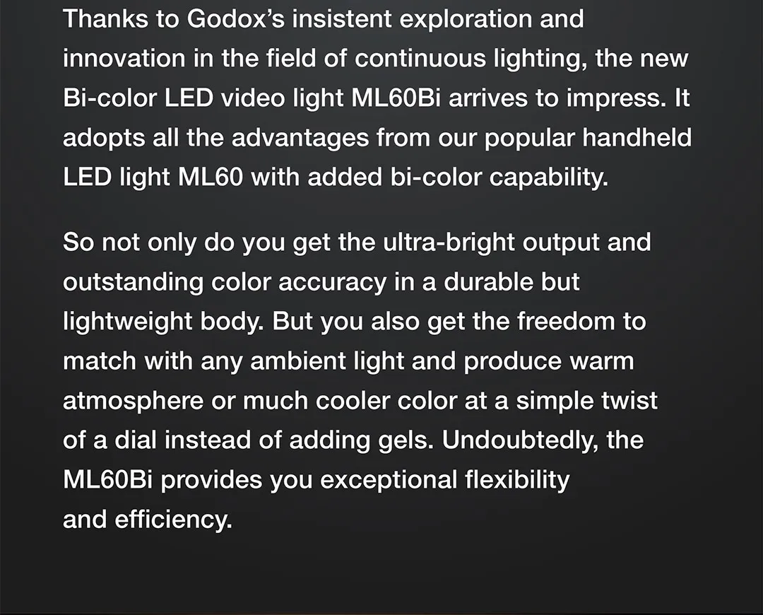 ML60Bi ML60 Bi 60W Bi-Color LED Light Silent Mode Portable Brightness Adjustment