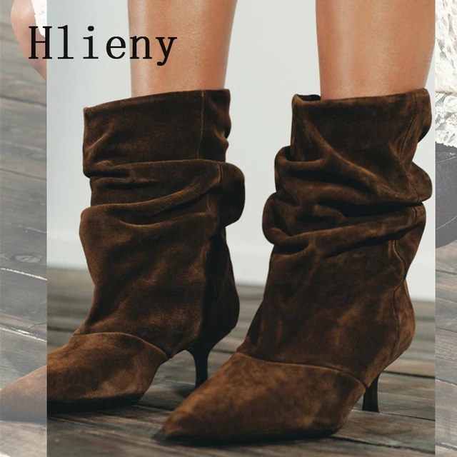 Liyke Winter Pleated Suede Women Shoes Pointed Toe Low Thin Heels Female Brown Retro Elegant Designer Ankle Boots Bottes Femme 4