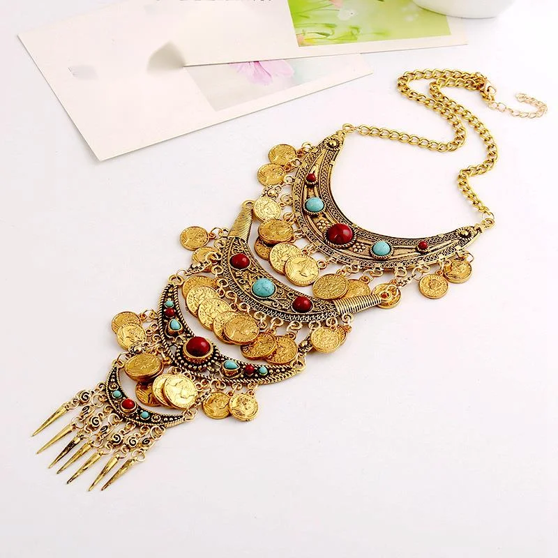 Fashionable Retro Ethnic Style Exaggerated Alloy Electroplating Bohemian Turquoise Wings Tassel Necklace_voghion.com