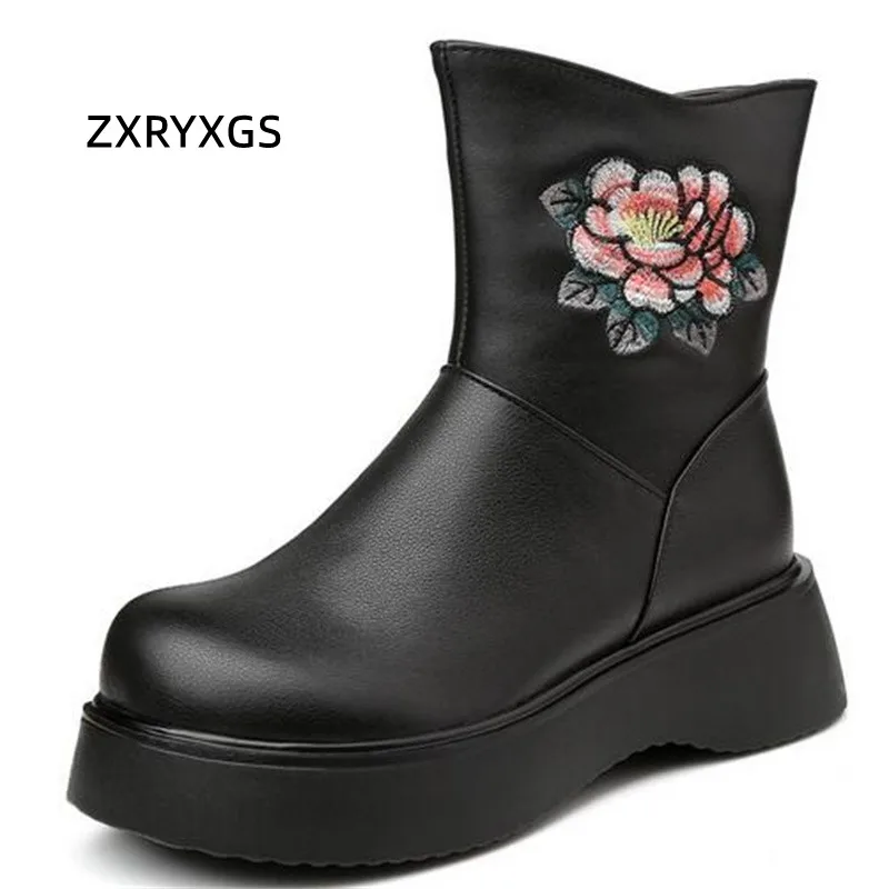 

ZXRUXGS Top Cowhide Embroidered Winter Fashion Boots Platform Increased Shoes Woman Boots 2023 New Warm Wool Boots Snow Boots