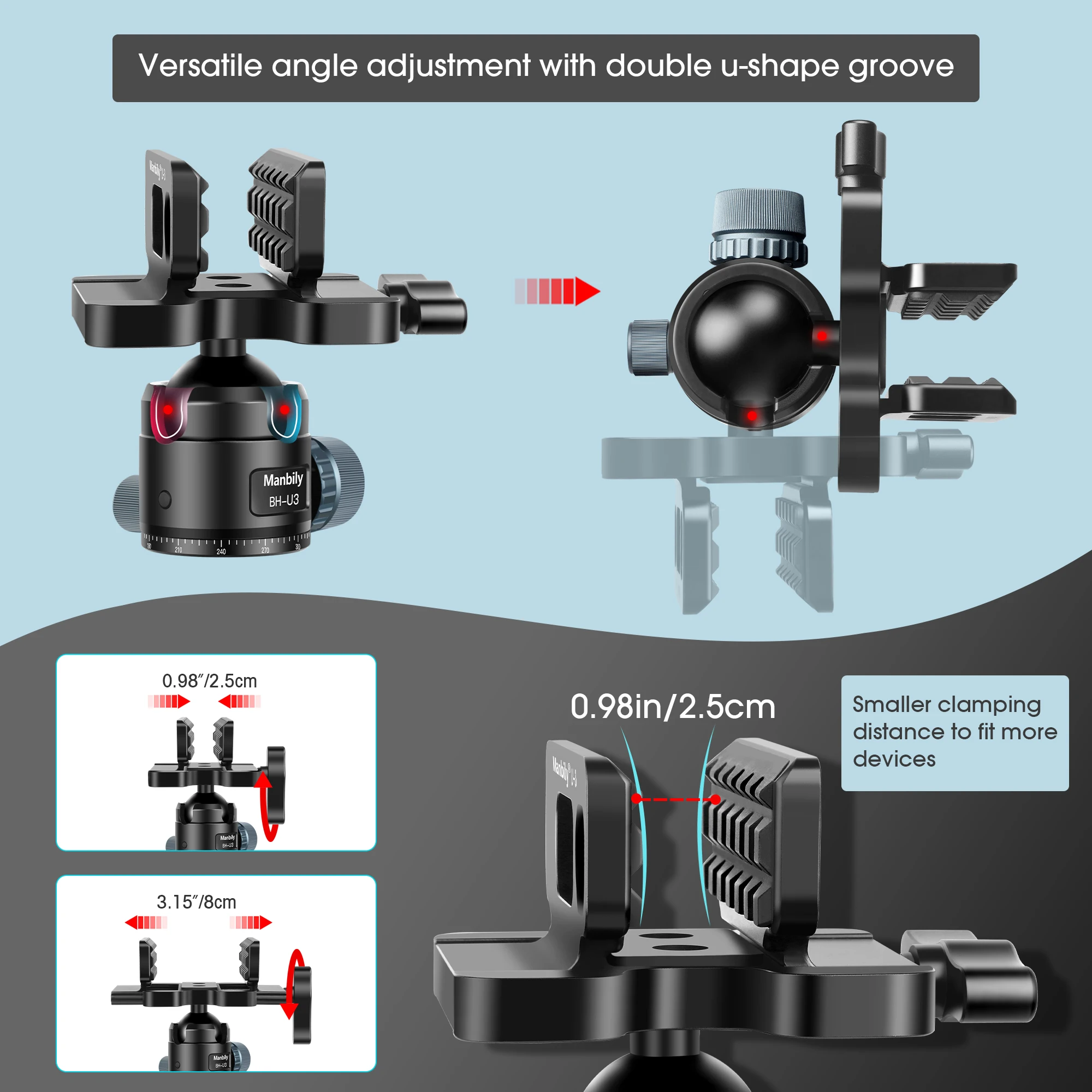 Manbily BH-U3 Shooting Rest Saddle Mount Hunting Aluminium Rifle Clamp Head Adapter for Tripod Max Load 44.1lbs/20kg camera clamp