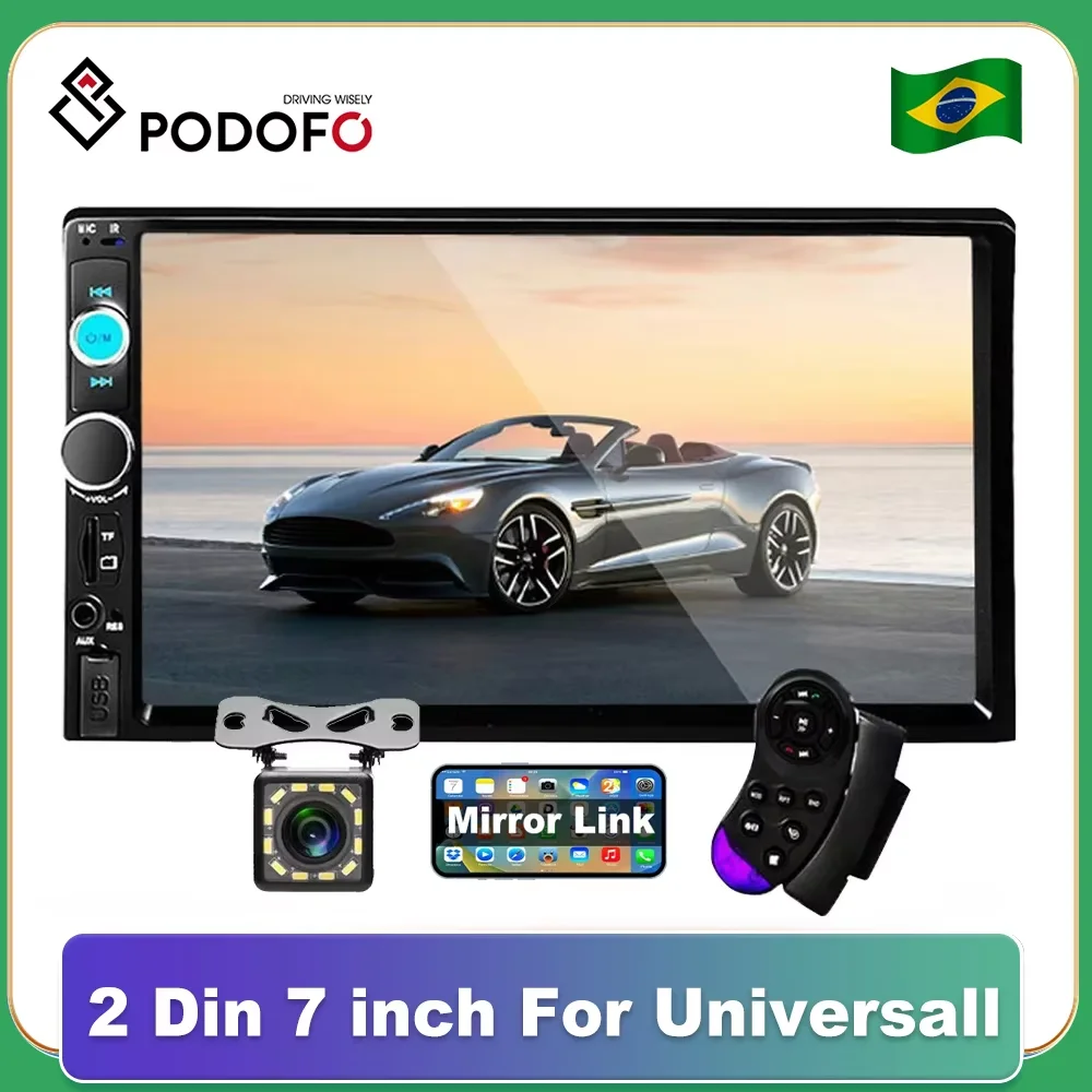 Autoradio Podofo 2 DIN 7'' Con Mirror Link, Bluetooth, FM, USB, Ingresso AUX, Telecomando E Telecamera Posteriore Inclusa