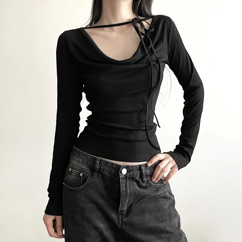 

Y2K Vintage Sexy Black T-shirt Women Korean Fashion Bandage V-neck White Streetwear Casual Solid Color Long Sleeve Tee Shirts