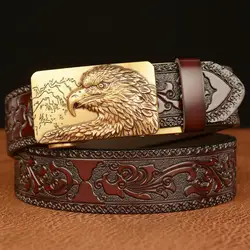Luxury high-end domineering eagle head automatic buckle men's belt real cowhide personality carved casual jeans with men's belt