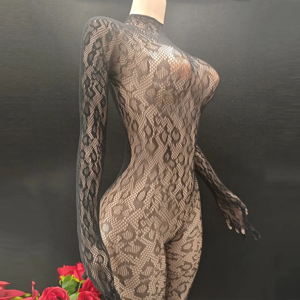 Leopard Fishnet Bodystocking, Hollow Out Long Sleeve Backless Bodystocking, Women's Sexy Lingerie & Underwear