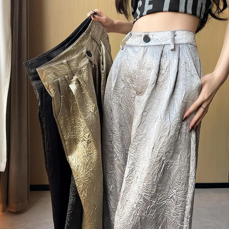 

Korea Women'S Metallic Straight Pants Waist With Female Trousers Fashion Suit Pants Floor Mopping Pants