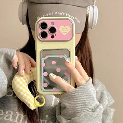 Chic Polka Dot Phone Case with Card Slot & Lanyard - Kawaii Shockproof Aesthetic Cover - iPhone 16 Pro (Yellow DGS)