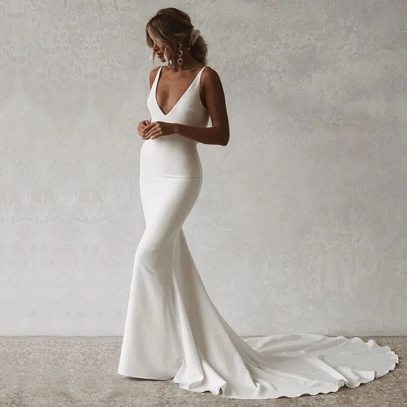 knee length dresses for ladies Off Shoulder Mermaid Trumpet Wedding Dress with Sweep/Brush Train in  Chiffon Over Satin and Short Sleeves