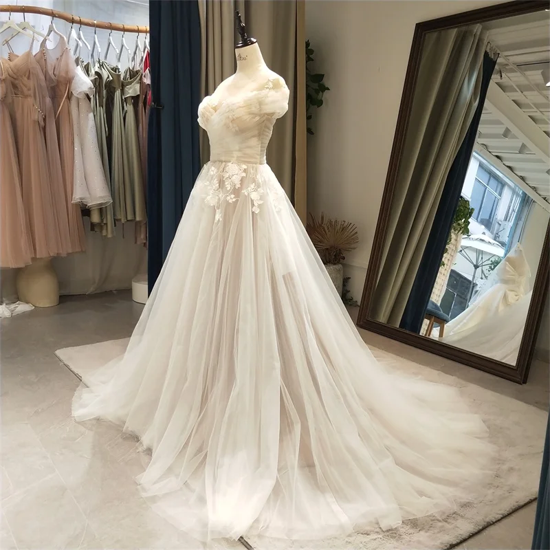OWD-H2389 O-Neck Wedding Dress Boho A-Line Pleat Illusion Engagement Dress Criss-Crass Lace Tulle Wedding Dress robe de soirée 2