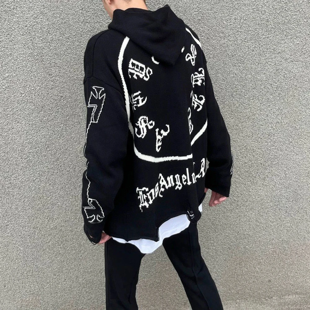 

Back Circle Sanskrit Letter Y2K Baggy Hooded Sweaters Unisex Moletons Masculinos Ripped Sueter Ropa Hombre Men's Knitted Tops