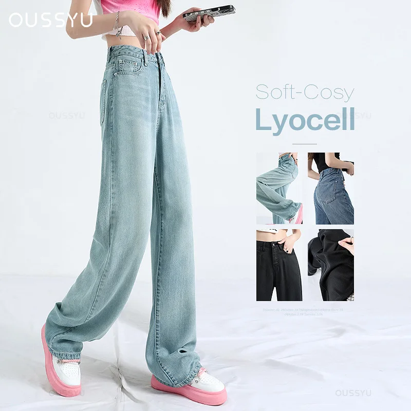 OUSSYU Summer Soft Lyocell Fabric Woman Jeans Thin Loose Straight High Waisted Pant Fashion Comfort Retro Blue Casual Trousers