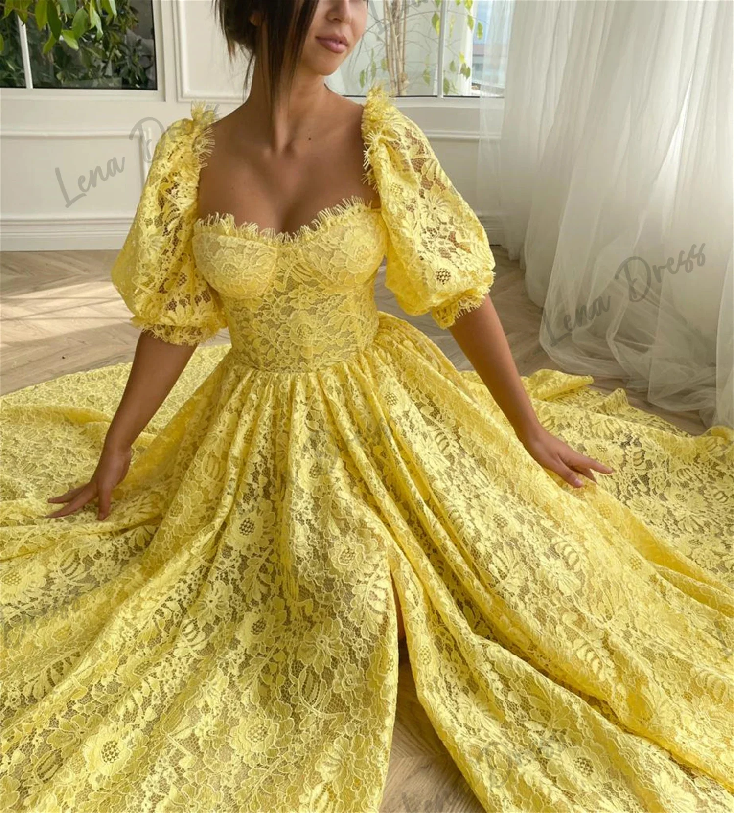 Lena Square Collar Women's Elegant Dresses for Parties 2024 Line A Evening Gown Lace Graduation Dresses Woman Yellow Ball Gowns 3