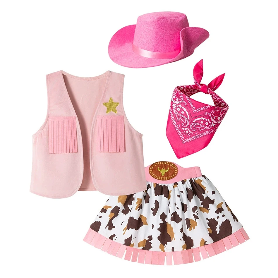 Baby Mädchen Cowboy Cosplay Performance-Set Kinder Rosa Weste Rock Schal Faltbarer Hut Outfit Kleinkind 4-teilig Halloween Karneval Kleidung