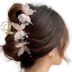 Elegant Butterfly Silk Flower Hair Claw Clip (Pink)