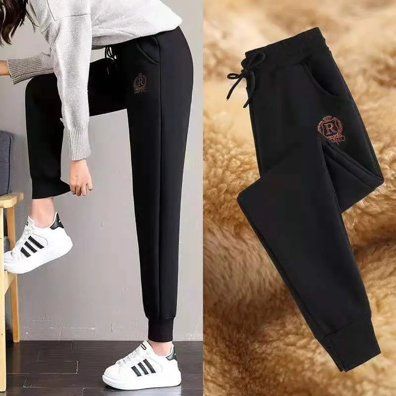 Winter New Elastic Waist Lacing Sports Pants Ladies Solid Loose All-match Fleece Casual Pants Vintage Fashion Women Clothing