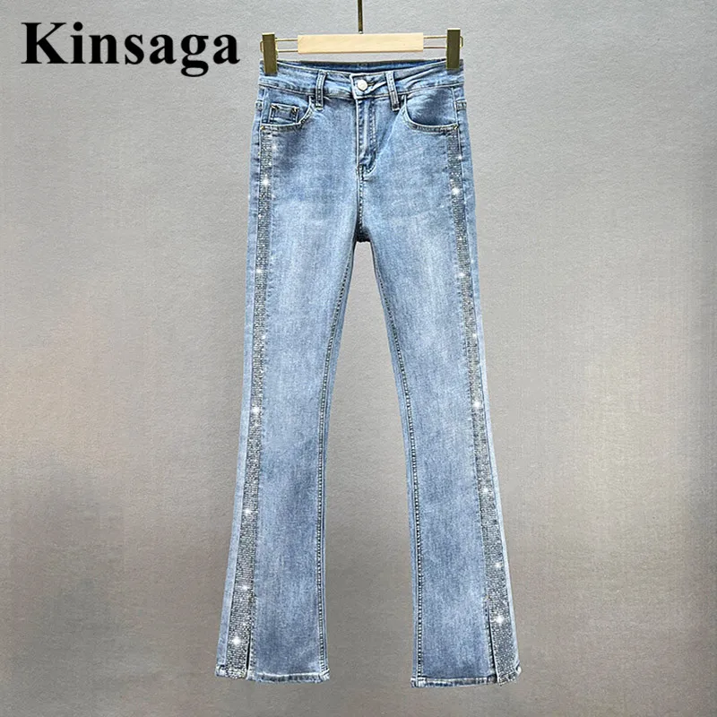 Hippie Micro Flared Jeans Girl Korean Wild High Waist Studded Rhinestone Demin Trumpet Trousers All-match Retro Boot Cuts Women