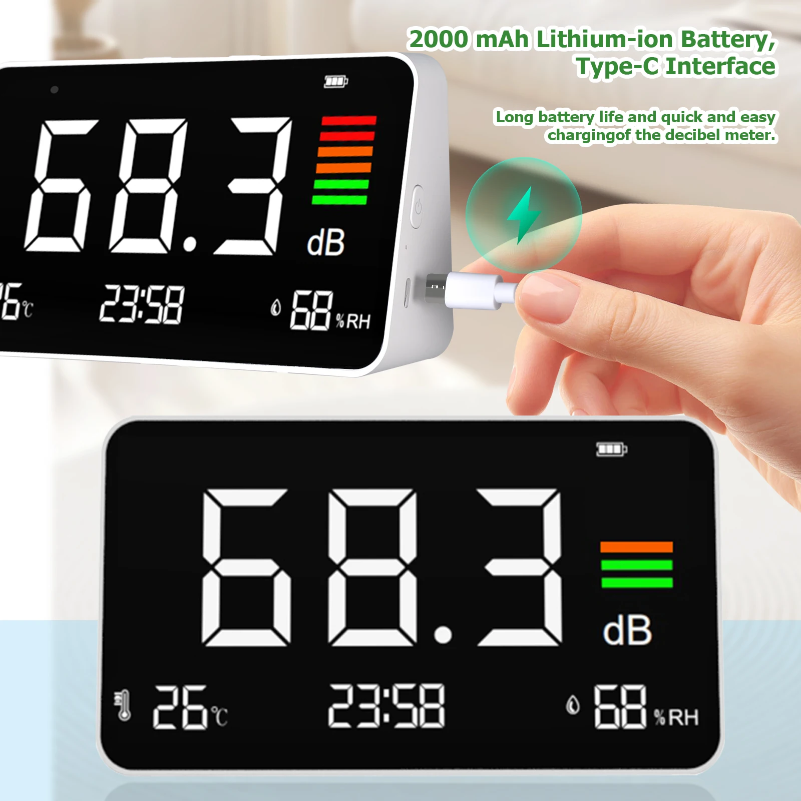 4-in-1 Digital Sound Level Meter ,Desktop Decibel Monitor 30-130dB,for Noise Measureing,Library, with Time&Temp&Humidity Display 3