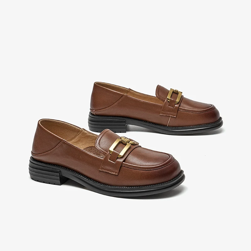 

Loafers Women Genuine Cow Leather Round Toe Slip On Casual Flats Metal Chain Decoration Ladies Shoes Handmade AC1027