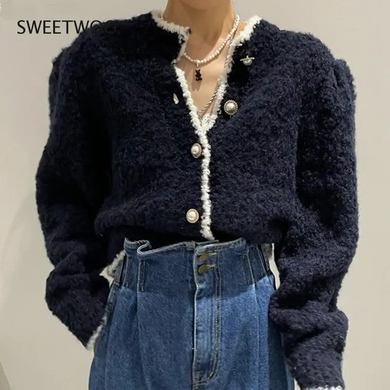 

Cardigan Coat Korean Women Autumn Chic Elegant Contrast Color Pearl Button Loose Bubble Sleeve Knitted Sweater Women Tide Chic