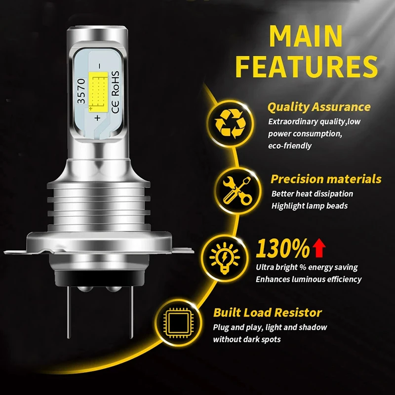 H7 Led Canbus Headlight H7 Led Lo Beam Bulbs 6000K IP 68 CSP 3570 LED Chips