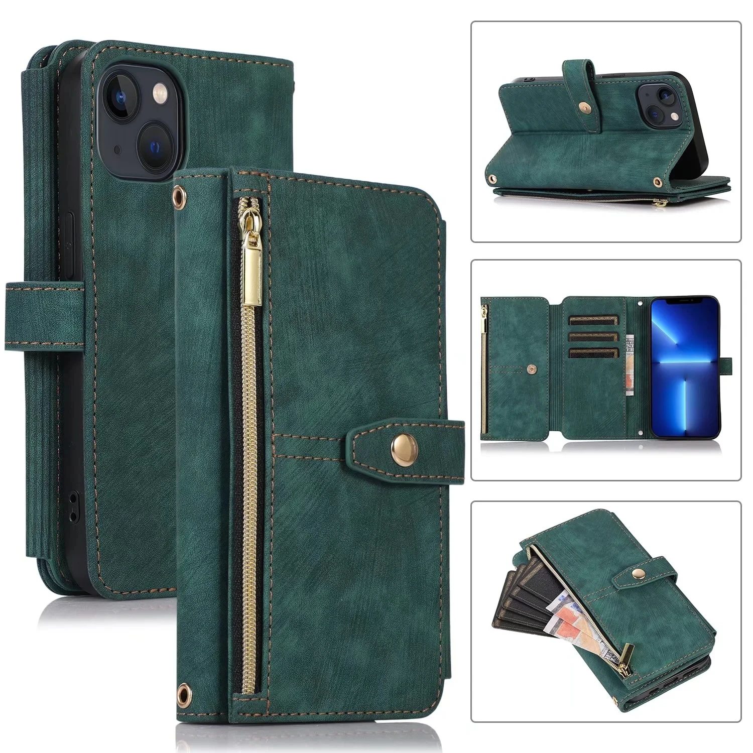 

Zipper Wallet Multi Card Case For iPhone 15 Pro Max 11 12 13 14 X XS XR SE 2022 7 8 Plus Flip Leather Phone Bag Cover Coque