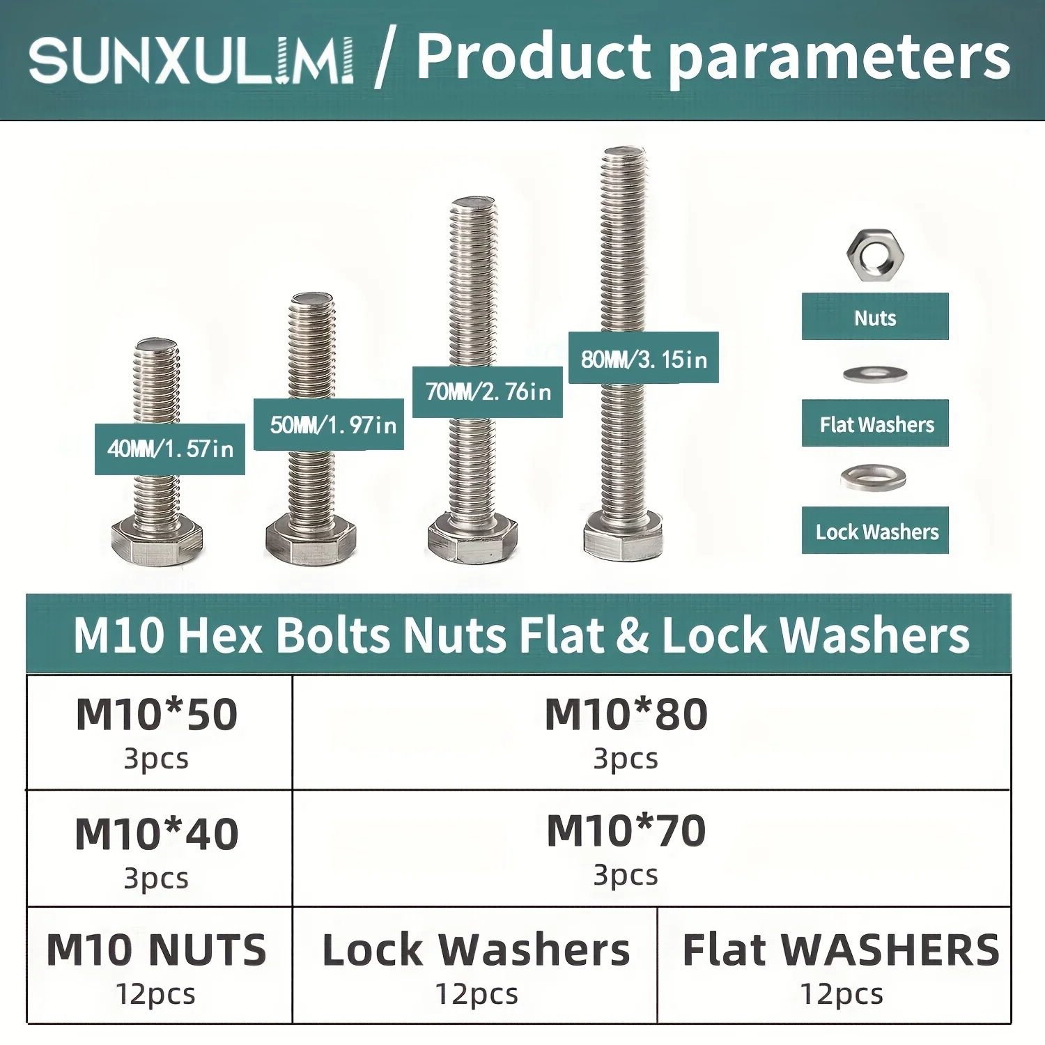 M10 x 40mm 50mm 70mm 80mm Hex Head Bolts Screws, Nuts, Flat & Lock Washers, Stainless Steel 304, Machine Fully Thread