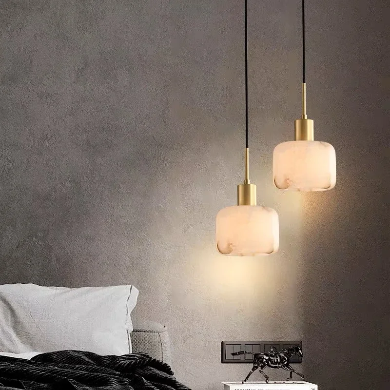 

Modern luxury all copper pendant light Spanish natural marble LED pendant light bedroom living room dining room hotel home decor