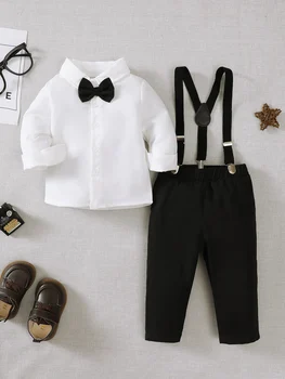 2-Piece Set 1-3 Years Old Little  Gentleman  Long  Sleeve  Bow Tie Strap Set Suitable For Weddings, Schools, And Other Occasions 1