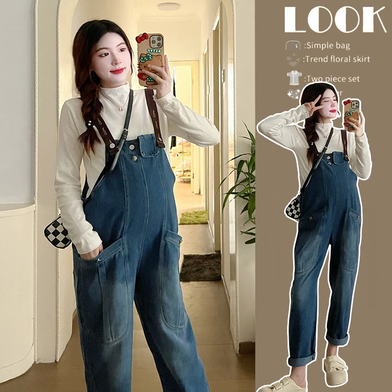 

2356# Autumn New Fashion Denim Maternity Bib Jeans Loose Straight Jumpsuits Clothes For Pregnant Women Pregnancy Overalls Pants