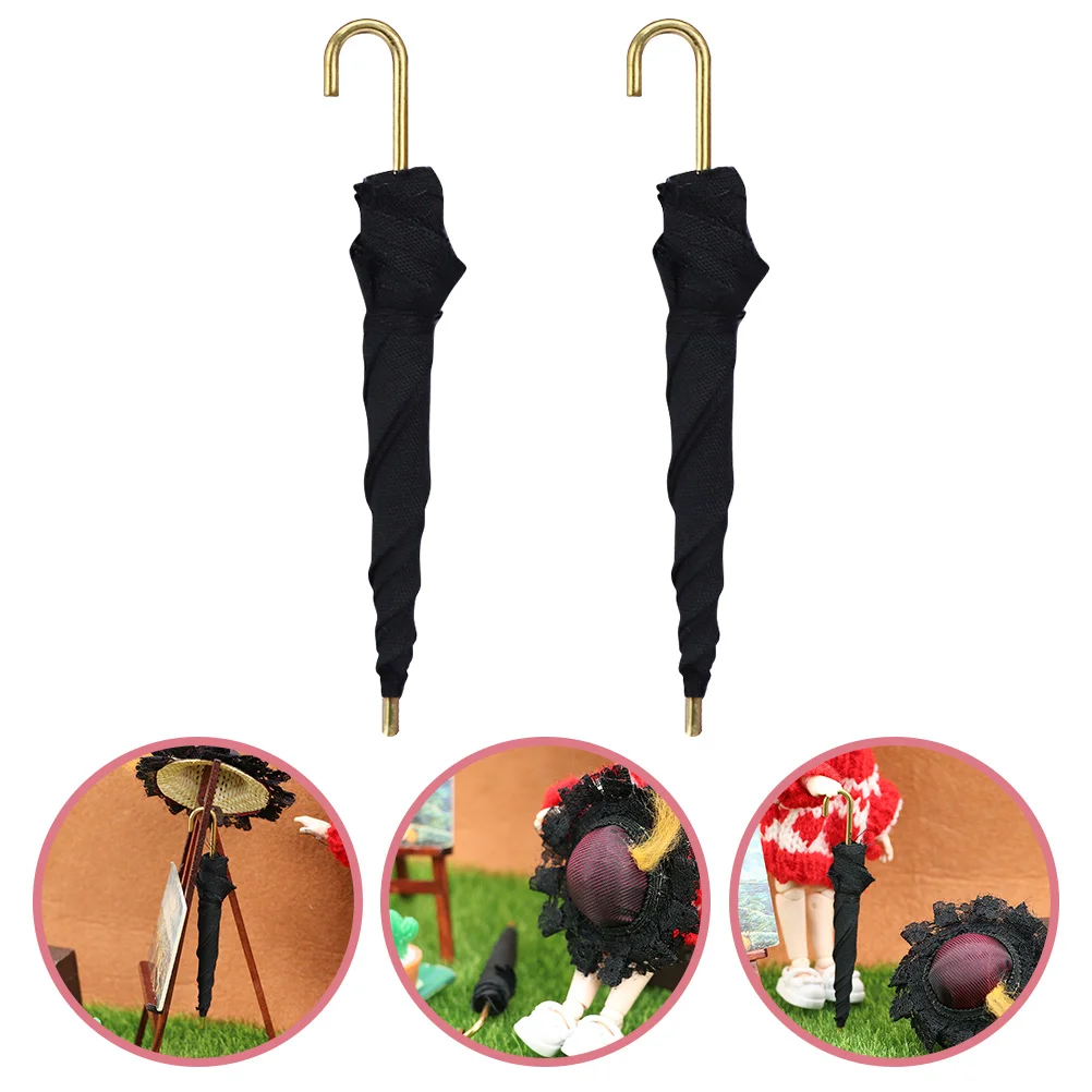 

2 Pcs Toys Umbrella Ornaments Miniature for House Dollhouse Umbrellas Black Model Decorative