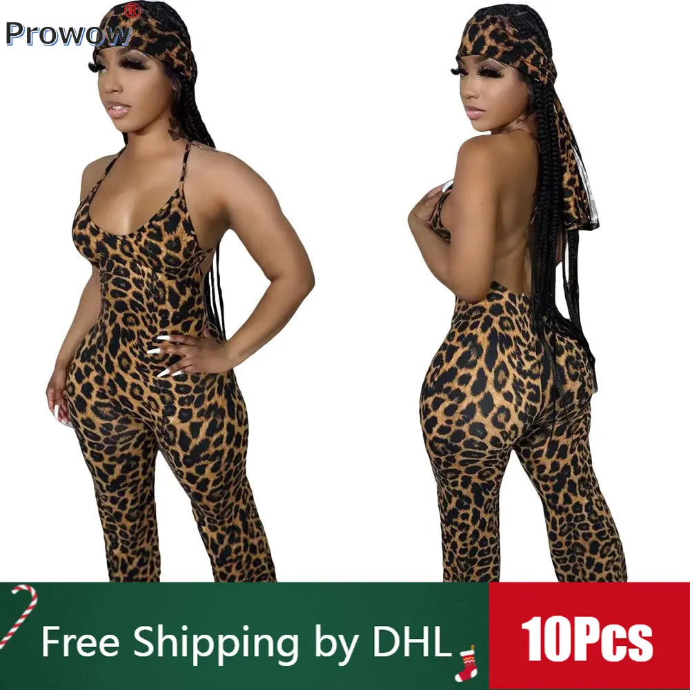 

10 Pcs Bulk Leopoard Print Jumpsuits Women Sexy Backless Sling Rompers and Coverchief 2023 Summer Casual Overalls Wholesale 9585