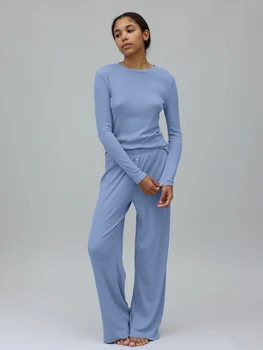 Marthaqiqi Knitted Female Nightgowns 2 Piece Suit O-Neck Sleepwear Long Sleeve Nightwear Pants Casual Blue Slim Women Pajama Set