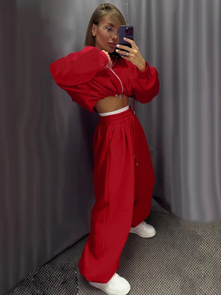 Wmstar Two Piece Set Women Wholesale Woman Fashion Casual Loose Zipper Short Sweatshirt High Waisted Wide Leg Long Pants Sport