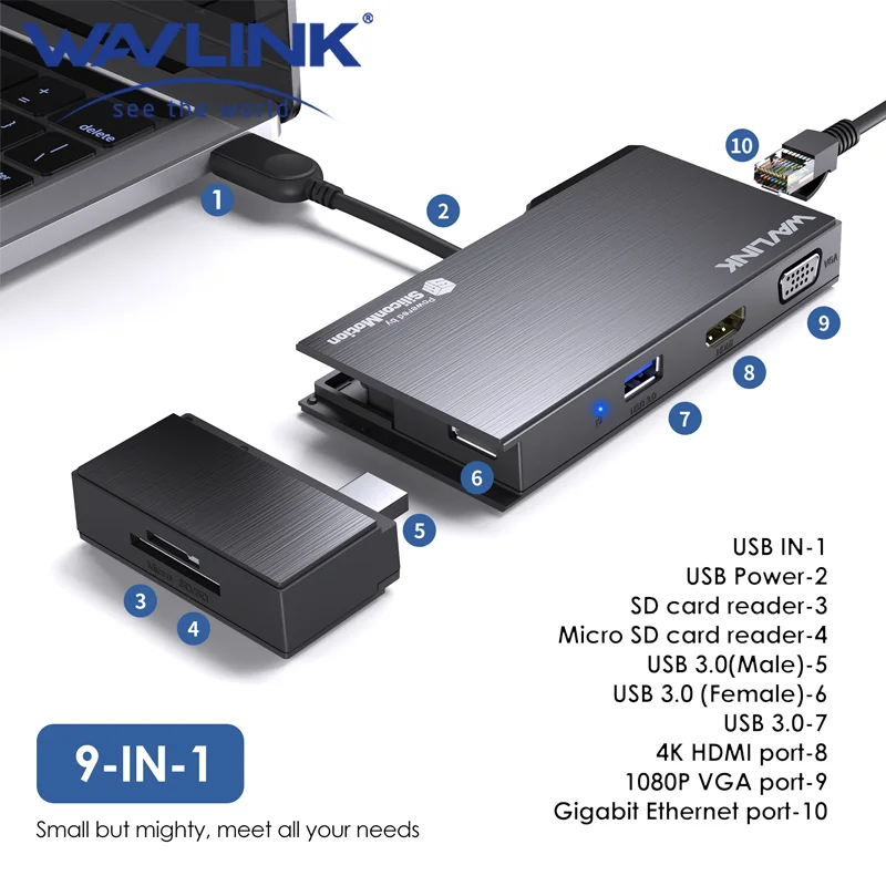 Wavlink usb3.0トラベルミニドッキングステーション9-in-1ポータブルラップトップマルチポートアダプター、Mac/Windows/Android/モノクロ用の4k  hdmi - AliExpress
