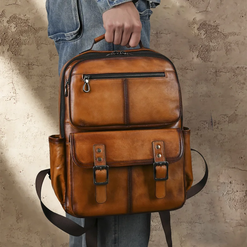 Retro Unisex Genuine Leather Handcrafted Backpack with Vintage Fading Effect