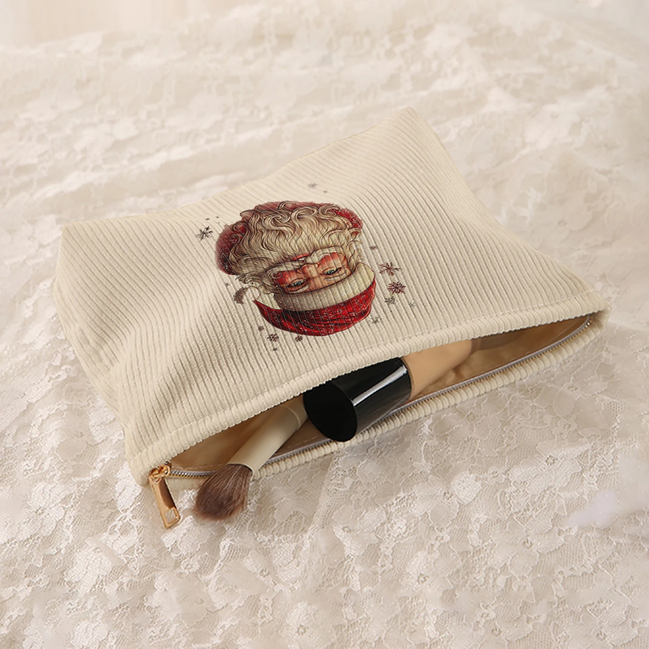 1 Christmas themed corduroy makeup bag, lightweight zipper makeup storage box, multifunctional bag with lining