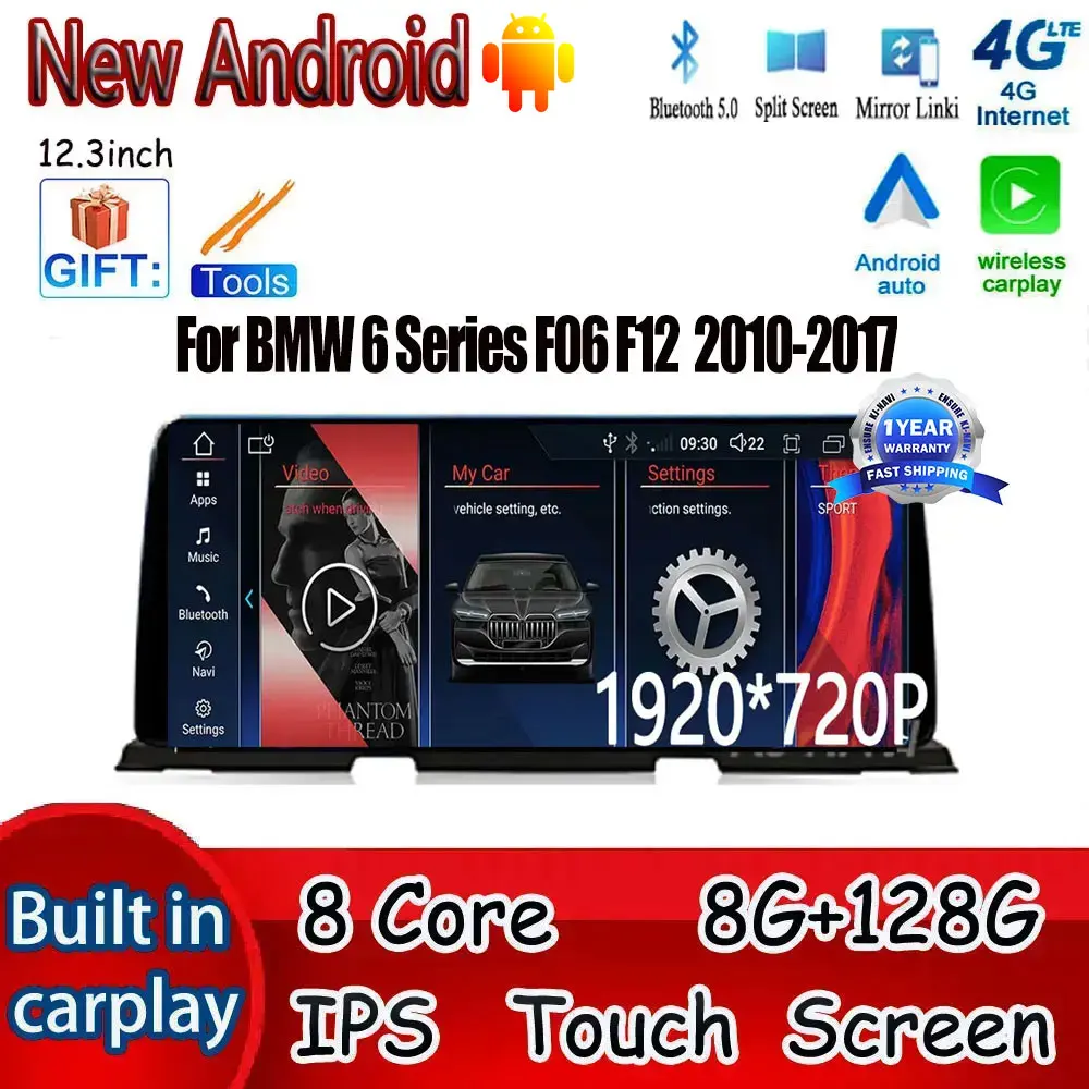 

12,3 "Автомобильный мультимедийный стерео радиоплеер Android 14 GPS-навигация беспроводной Carplay 4G LTE для BMW 6 серии F06 F12 2010-2017