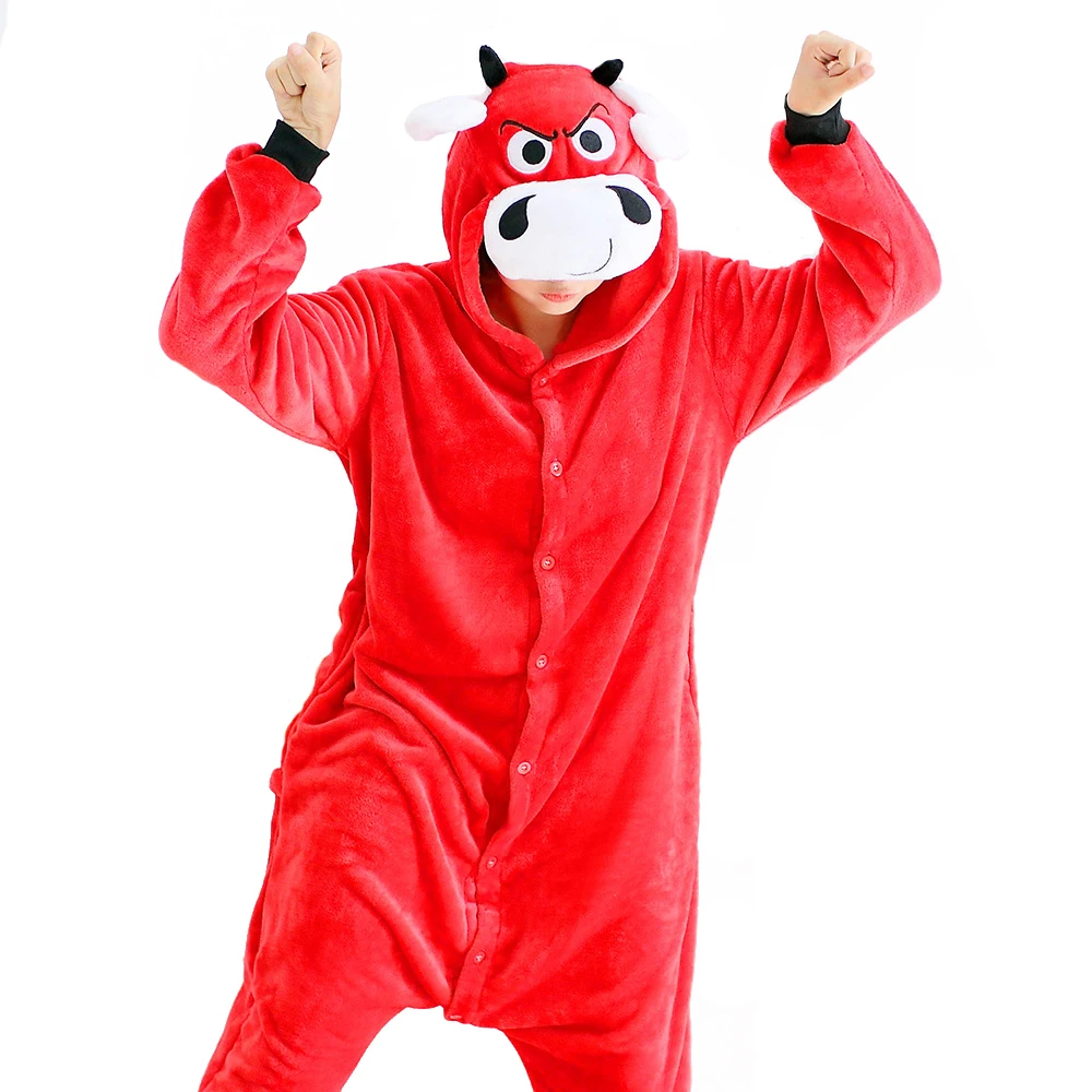 Halloween Cosplay Costumes Red Cow Onesies Adult One-Piece Pajamas Jumpsuit Sleepwear Nightgown Heat Preservation Flannel