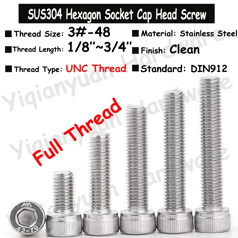 

Yiqianyuan 3#-48 UNC Thread DIN912 SUS304 Stainless Steel Hexagon Socket Knurled Cap Head Bolts Allen Key Screws Full Threaded