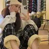 Padded Thickened Wide Leg Pants Winter LambswoolPlaid Pants Female High Waist Casual Straight Pants 1