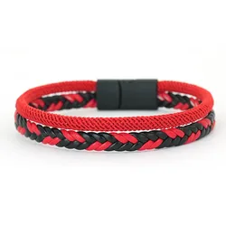 Men's Braided Leather Double - Layer Bracelet with Magnetic Clasp - Outdoor Sport Style Punk Cool Handmade Gift (Red)