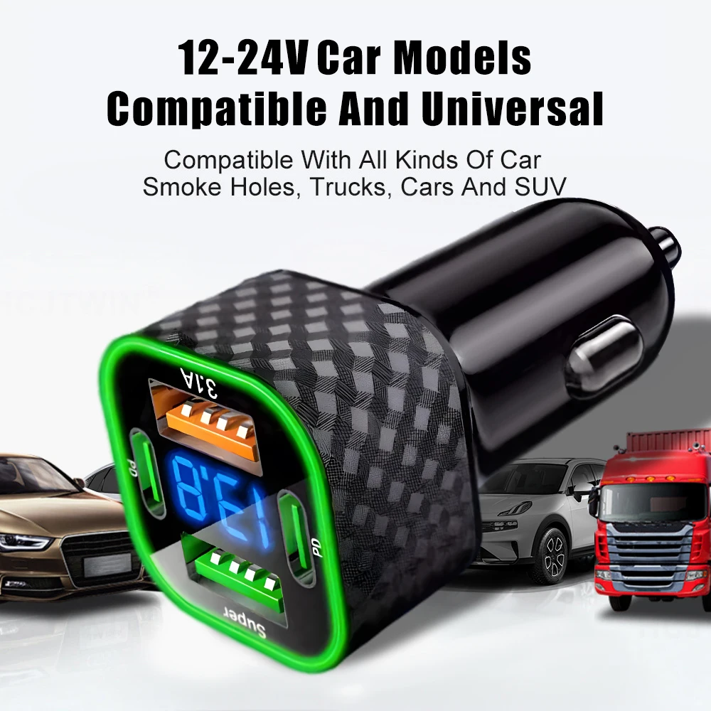 380W USB Car Phone Charger Dual PD 4 In 1 With Voltage Display Super Fast Charge Adapter For IPhone Xiaomi Samsung_voghion.com